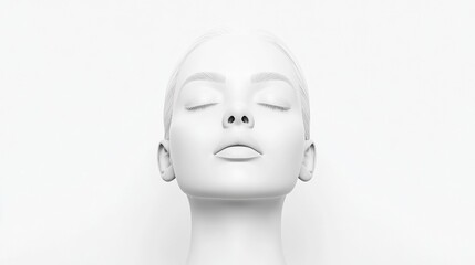 A minimalist white mannequin head with closed eyes against a plain background, serene and calm expression, and perfect for beauty and skincare concepts.