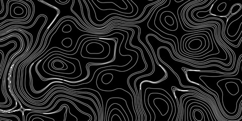 Generate a high-contrast black and white topographic map featuring detailed contour lines. The map should display various elevations using closely spaced, Topography and geography map grid abstract.