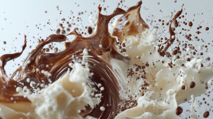 Chocolate milk splash, swirling, close-up, white background, food advertising