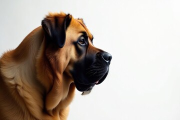 Fototapeta premium Imposing Mastiff, attentive gaze, pure white backdrop, eyes, dog breed