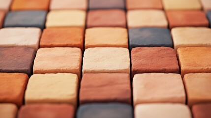 Fototapeta premium A close-up view of colorful, textured tiles arranged in a grid pattern, showcasing a variety of earthy tones and smooth surfaces.