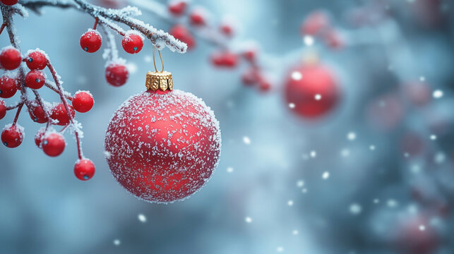 christmas and new year holidays concept. Red balls on fir branches, winter snowy backdrop. festive winter season background. template for design. banner, copy space