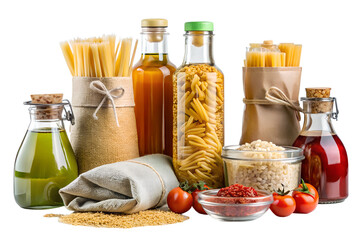 a collection of pantry staples arranged on a transparent background