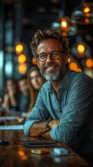 Obraz premium Smiling man cafe meeting colleagues background