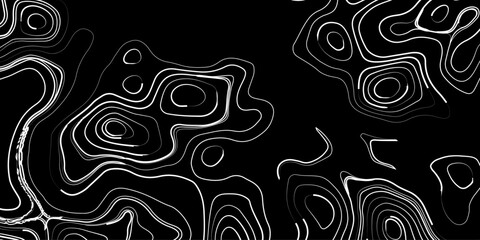 Generate a high-contrast black and white topographic map featuring detailed contour lines. The map should display various elevations using closely spaced, Topography and geography map grid abstract.