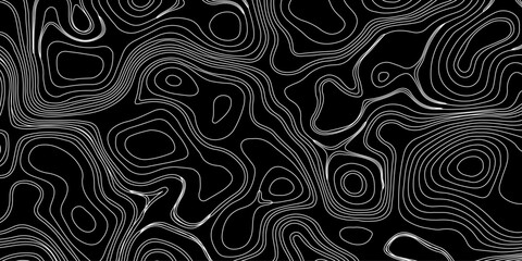 Generate a high-contrast black and white topographic map featuring detailed contour lines. The map should display various elevations using closely spaced, Topography and geography map grid abstract.