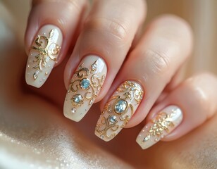 Elegant nail art design with gold trim and crystals. Manicure on long nails, hand with luxury decoration, fashion accessory, beauty trend, jewelry art for elegant look.