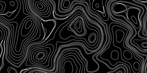 Generate a high-contrast black and white topographic map featuring detailed contour lines. The map should display various elevations using closely spaced, Topography and geography map grid abstract.