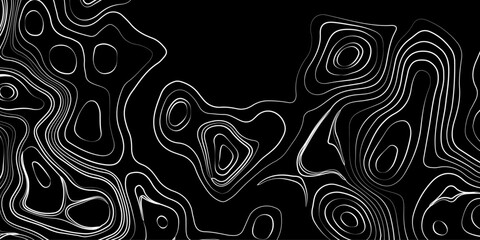 Generate a high-contrast black and white topographic map featuring detailed contour lines. The map should display various elevations using closely spaced, Topography and geography map grid abstract.
