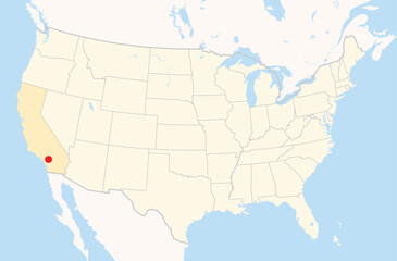Location Map of the city Colton in California, USA. The state is marked orange and the city is highlighted with a red dot. No labels at all.