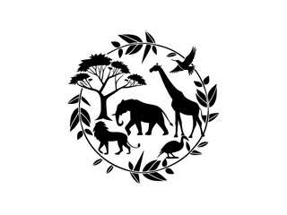 Silhouette of African Wildlife Under a Majestic Tree,  black and white silhouette showcases a serene African landscape. Silhouettes of Giraffe, Elephant, and Leopard for World Animal Day.