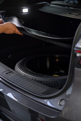 Large black empty car trunk. Open car trunk close up