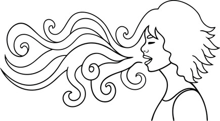 Woman Blowing Wind Black And White Outline Graphic Illustration