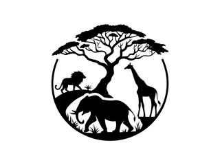 Silhouette of African Wildlife Under a Majestic Tree,  black and white silhouette showcases a serene African landscape. Silhouettes of Giraffe, Elephant, and Leopard for World Animal Day.