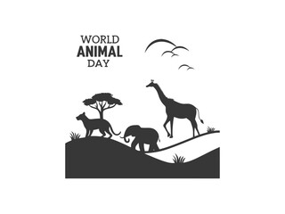 Silhouette of African Wildlife Under a Majestic Tree,  black and white silhouette showcases a serene African landscape. Silhouettes of Giraffe, Elephant, and Leopard for World Animal Day.