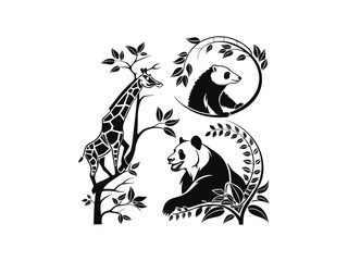 Silhouette of African Wildlife Under a Majestic Tree,  black and white silhouette showcases a serene African landscape. Silhouettes of Giraffe, Elephant, and Leopard for World Animal Day.