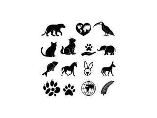 Black and white animal icons, a diverse range of species. Collection of Black and White Animal Silhouette Icons for Animal Welfare, Diverse animal and environmental icons in a black and white design.