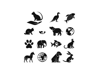 Black and white animal icons, a diverse range of species. Collection of Black and White Animal Silhouette Icons for Animal Welfare, Diverse animal and environmental icons in a black and white design.