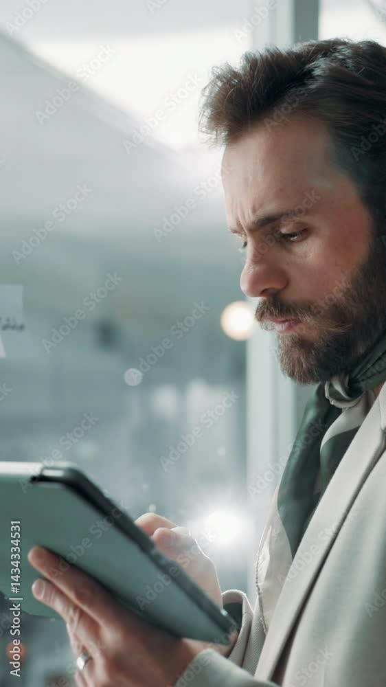 Fototapete glass wall, tablet and thinking with business man in office for brainstorming or strategy. ideas, pr