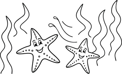 Cartoon Starfish Underwater With Seaweed Illustration For Childrens Coloring Page