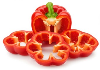 Sliced red bell pepper arrangement isolated on white background
