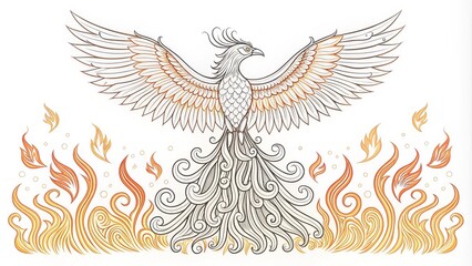 Obraz premium Phoenix Rising Line Art with Fire,Mythical,Rebirth