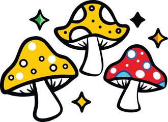 Cartoon Mushrooms with Spots and Stars