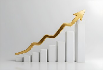 ]A rising bar chart with golden arrow, symbolizing business growth, on pure white background, professional 3D style