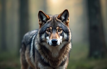 Fototapeta premium Portrait of a grey wolf in forest. Animal has intense gaze. Fur is detailed with different shades. Grey wolf stare directly at camera. Wild predator in natural habitat. Wildlife photo.