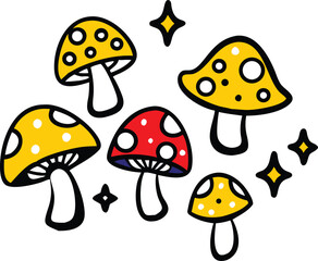 Cute Cartoon Mushrooms with White Spots and Stars