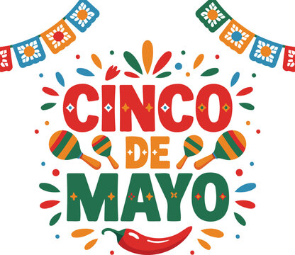 Colorful Cinco de Mayo celebration graphic with maracas and chili pepper