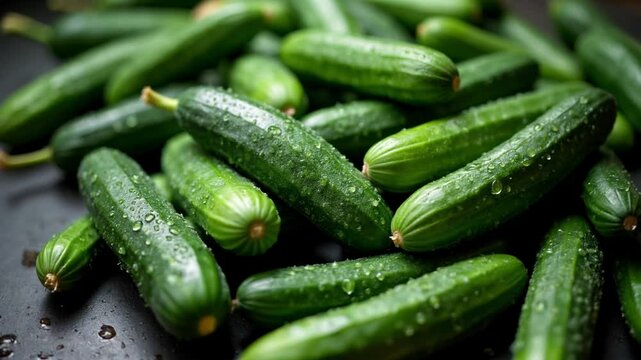 Fresh cucumbers with water drops, camera moving smoothly right with center focus and soft blur