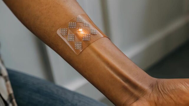 A detailed shot of skin patch biosensors applied to forearm skin carefully monitoring glucose levels in realtime illustrating the intersection of wearable technology and AI for
