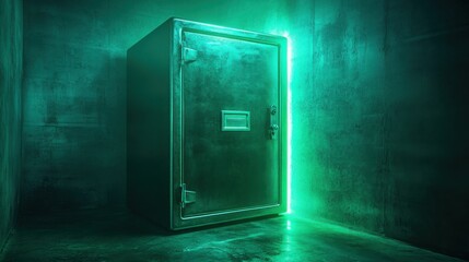 Steel bank safe standing alone in a dimly lit dark room, glowing green ambient light, mysterious atmosphere