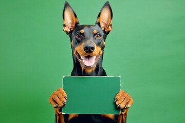 Ð¡ute dog doberman pinscher hold in front paws a concept - large green drive sign. Pet in sign shoot. Isolated pup on a solid dress code green background. Dog in white room. Dog sells ad.