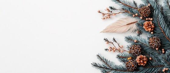 A serene arrangement of winter foliage, featuring pine branches, cones, and delicate berries against a clean, white background.