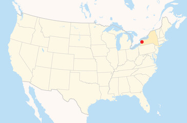 Location Map of the city Buffalo in New York, USA. The state is marked orange and the city is highlighted with a red dot. No labels at all.