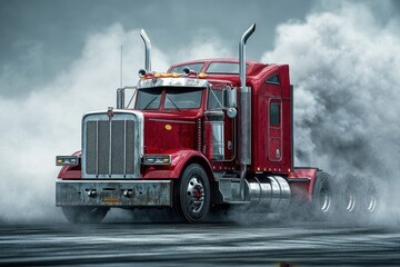 A crimson 18 wheel semi truck featuring shiny exhausts heavy wheels and gray smoke