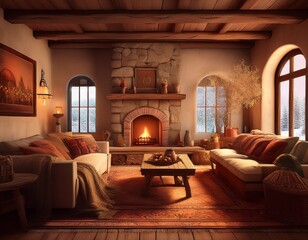 Fototapeta premium Toskanisches Wohnzimmer im Winter mit Kamin und Decken