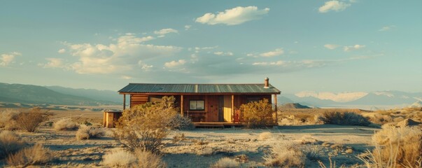 A solitary cabin amidst a vast desert landscape, surrounded by sparse vegetation and distant mountains under a clear blue sky.
