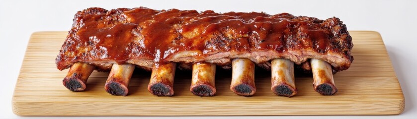 A succulent rack of barbecued ribs glazed with sauce, presented on a wooden board, showcasing delicious, tender meat and charred bones.