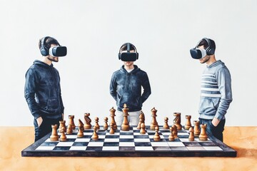 Three individuals wearing VR headsets engage in a chess game, blending technology and strategy in a modern, immersive environment.
