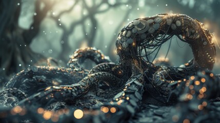 A mystical, intricately designed octopus with glowing elements in a dark, enchanted forest setting.