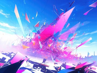 A vibrant, abstract scene featuring dynamic shards of pink and blue, creating an energetic and futuristic atmosphere against a bright sky.