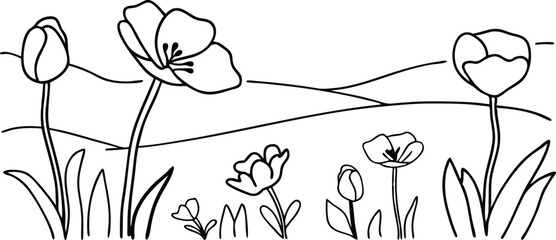 Black And White Spring Floral Scene With Tulips And Rolling Hills Outline