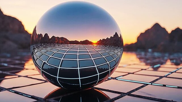 Reflective Egg Shape with Sunset and Landscape in a Surreal Digital Environment