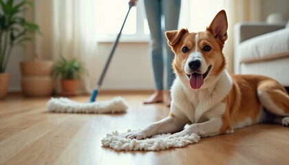 Obraz na płótnie Canvas Dog watches person clean the floor with mop. Playful pet domestic moment, chore. Home interior, wooden floor. Happy corgi dog lies down, person cleans the house. Cute dog, cleaning activities in home.