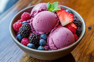A detailed shot of acai ice cream with fruits and berries in a bowl on a wooden table