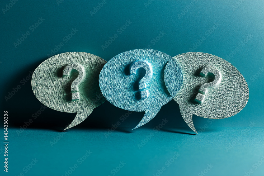 Aufkleber three textured speech bubbles, teal and light green, each containing a question mark, symbolize inqu