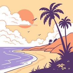 Sunset Beach Landscape with Palm Trees and Ocean View Illustration

